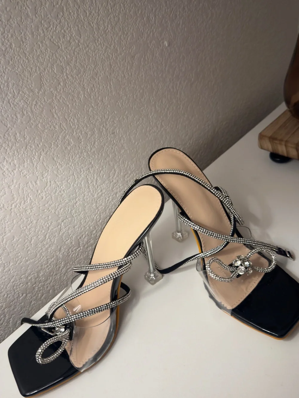Black Patent Strappy Heels with Crystal Bow Detail